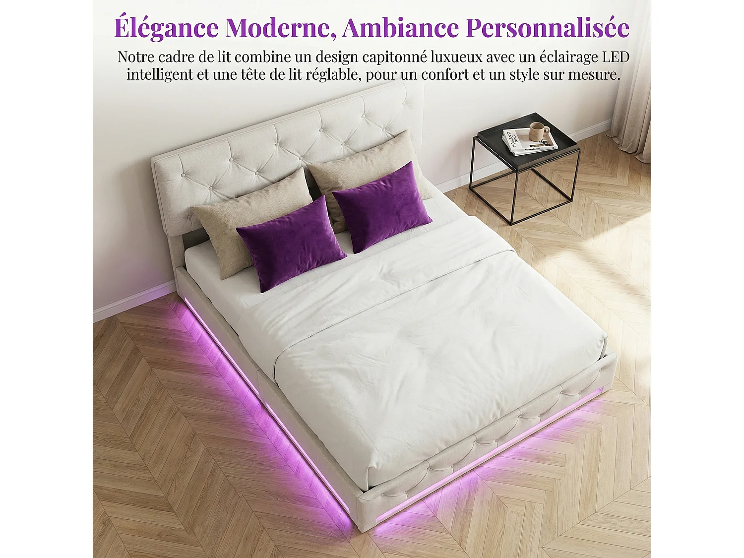 Lit coffre 140x190 cm en tissu lin blanc cassé - Lit double adulte avec sommier à lattes, LED réglable et tête de lit ajustable en hauteur