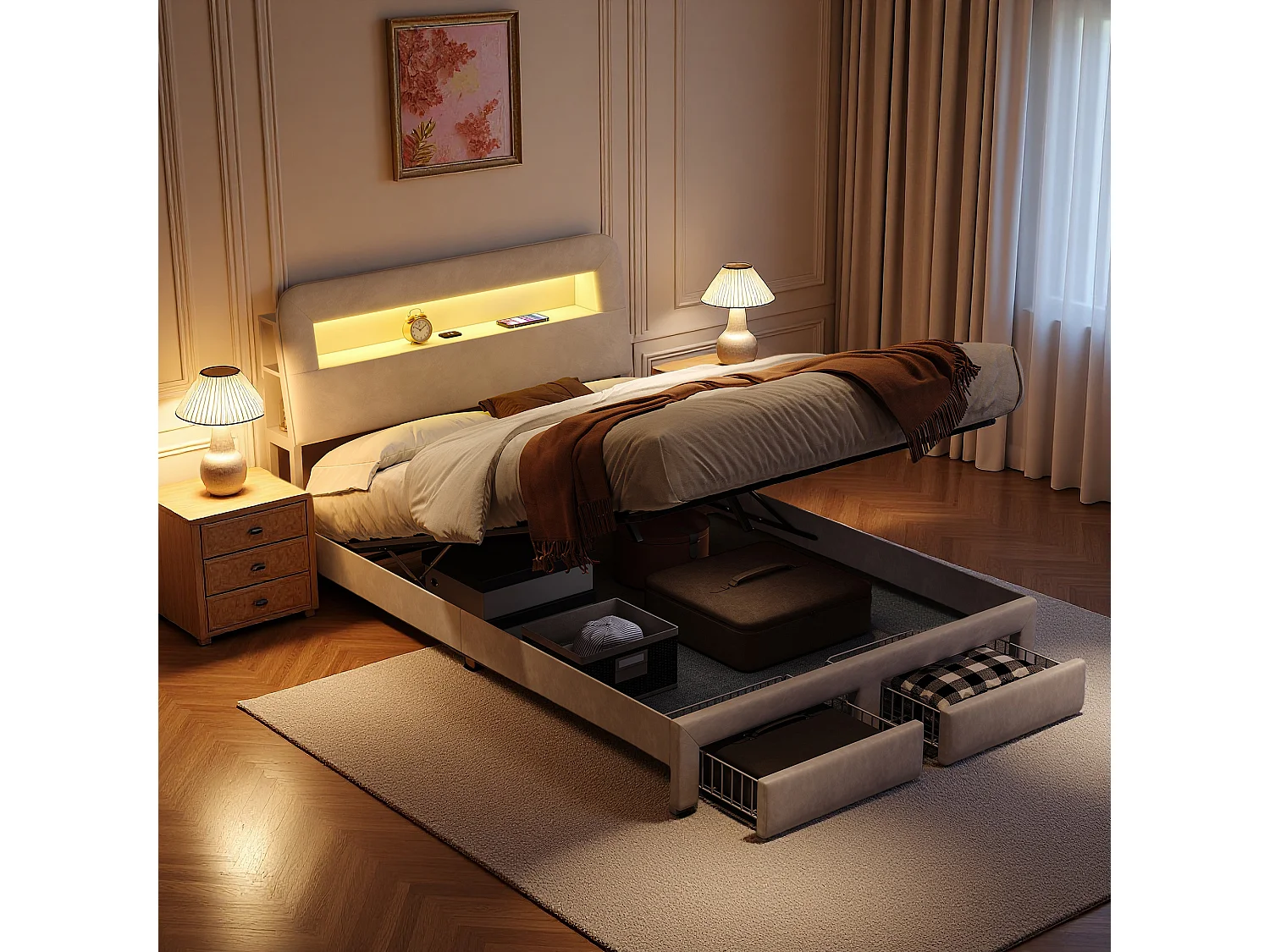 Lit coffre 140x200 cm en velours beige - Lit double élégant avec LED réglable, ports USB et Type-C intégrés