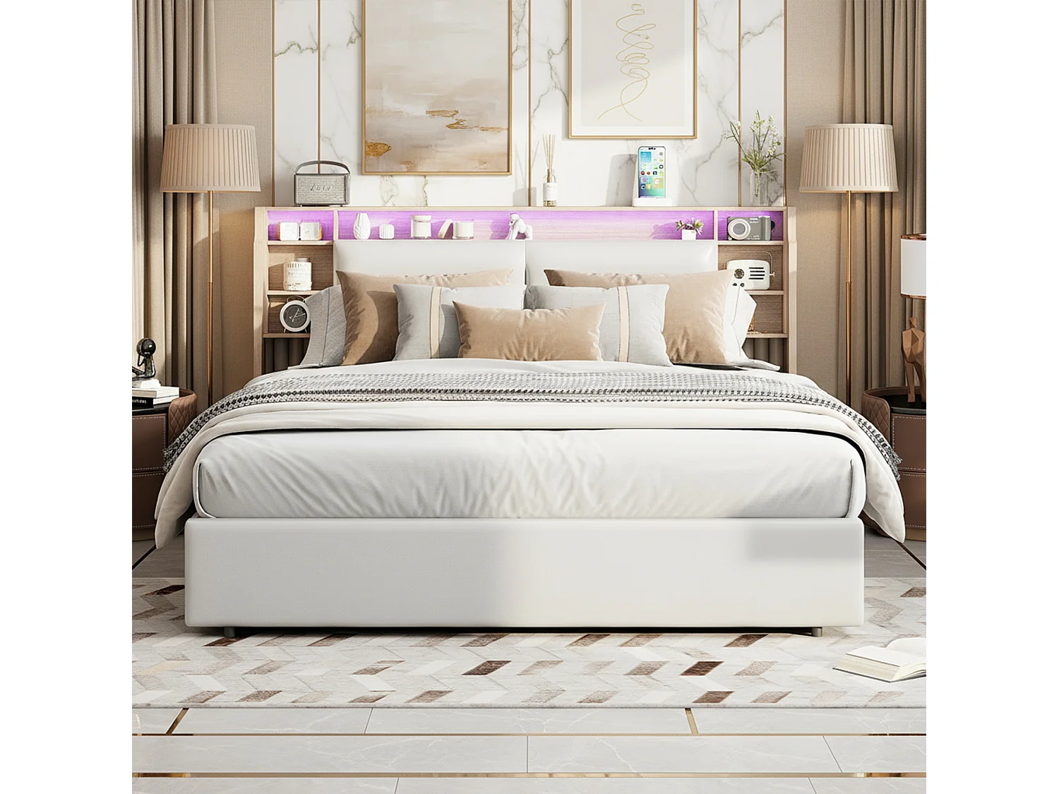 Lit 160x200 cm, LED, hydraulique, lit double, moderne, cadre de lit adulte 160x200 cm, PU, blanc
