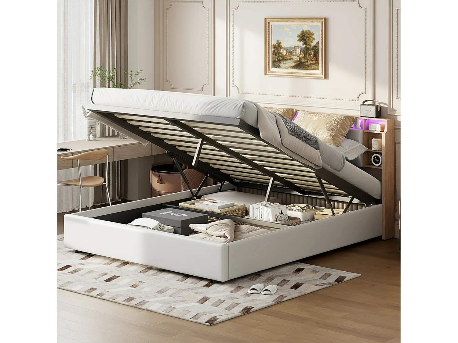 Lit 160x200 cm, LED, hydraulique, lit double, moderne, cadre de lit adulte 160x200 cm, PU, blanc