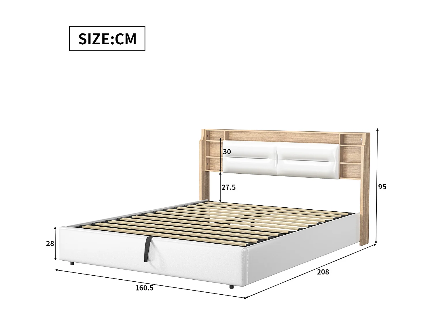 Lit 160x200 cm, LED, hydraulique, lit double, moderne, cadre de lit adulte 160x200 cm, PU, blanc