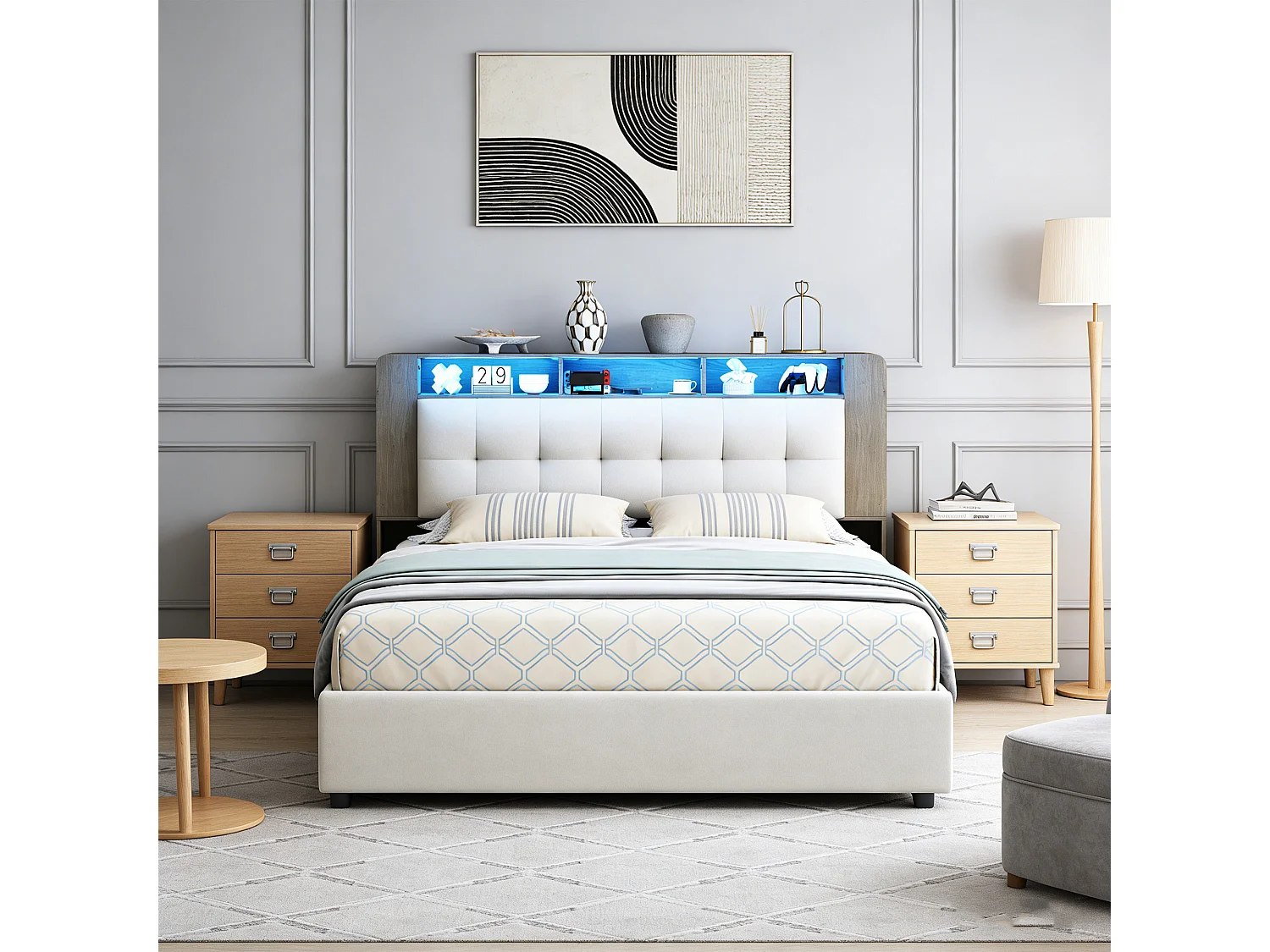 Lit coffre 140x190 - POCKETPOP - Velours blanc cassé - Avec sommier - éclairage LED - 2 places