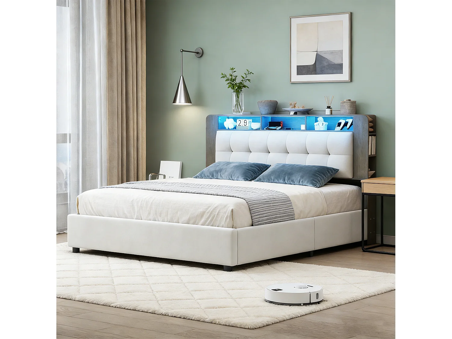 Lit coffre 140x190 - POCKETPOP - Velours blanc cassé - Avec sommier - éclairage LED - 2 places