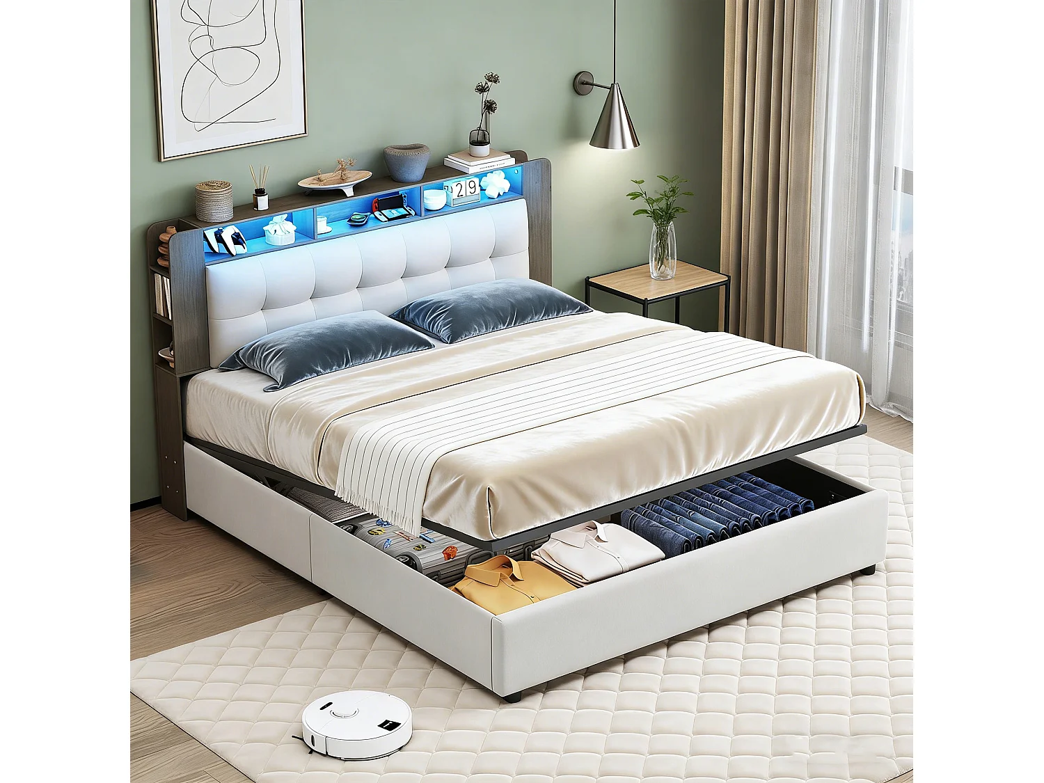 Lit coffre 140x190 - POCKETPOP - Velours blanc cassé - Avec sommier - éclairage LED - 2 places