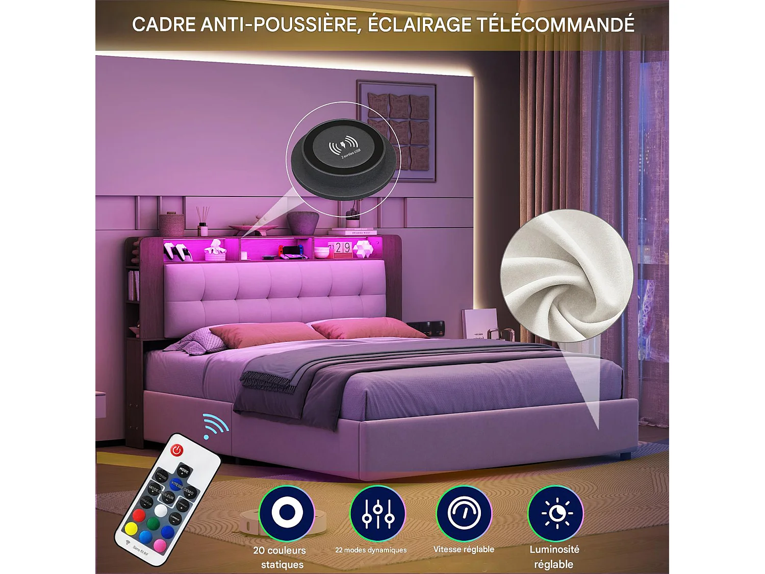 Lit coffre 140x190 - POCKETPOP - Velours blanc cassé - Avec sommier - éclairage LED - 2 places