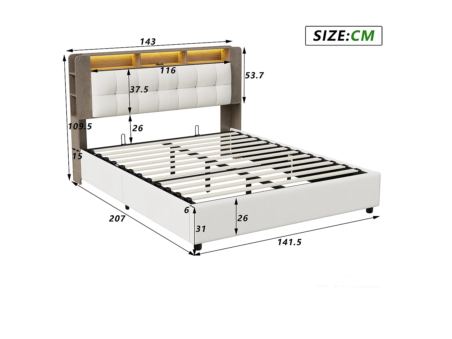 Lit coffre 140x190 - POCKETPOP - Velours blanc cassé - Avec sommier - éclairage LED - 2 places