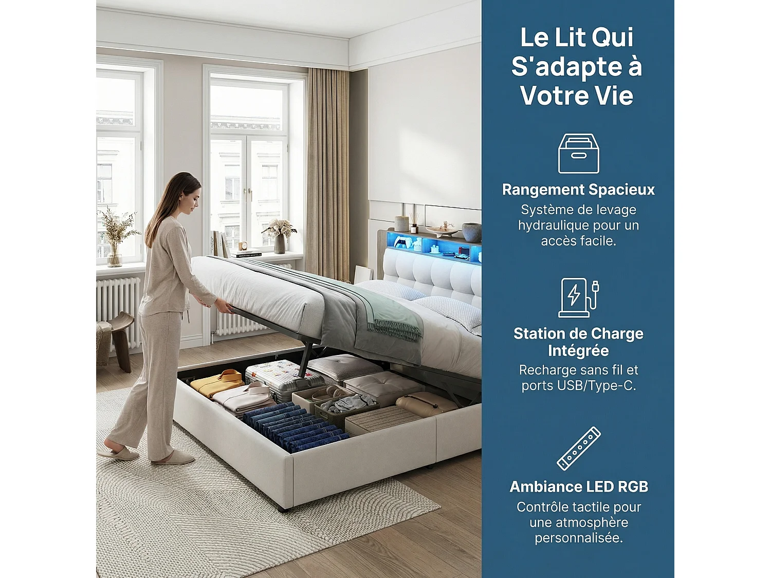 Lit coffre 140 x 190 cm avec sommier – Éclairage LED et revêtement en velours blanc cassé – POCKETPOP