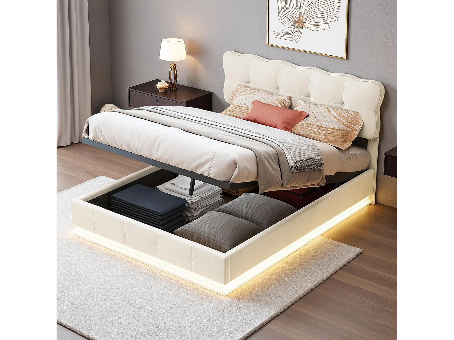Lit coffre 140x190 cm, LED réglable, hydraulique, contemporain, cadre de lit 140x190 cm, velours, beige