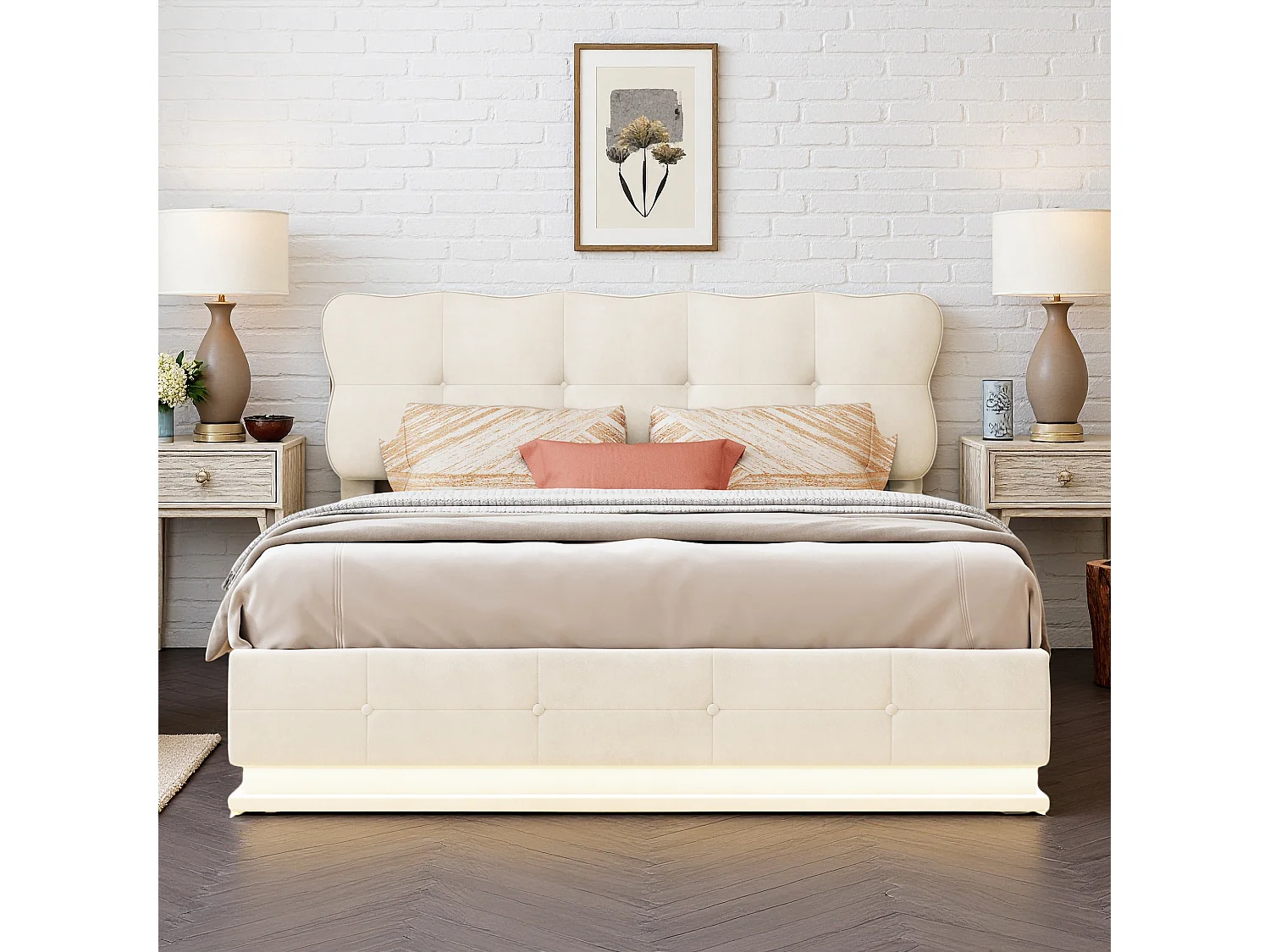 Lit coffre 140x190 cm, LED réglable, hydraulique, contemporain, cadre de lit 140x190 cm, velours, beige