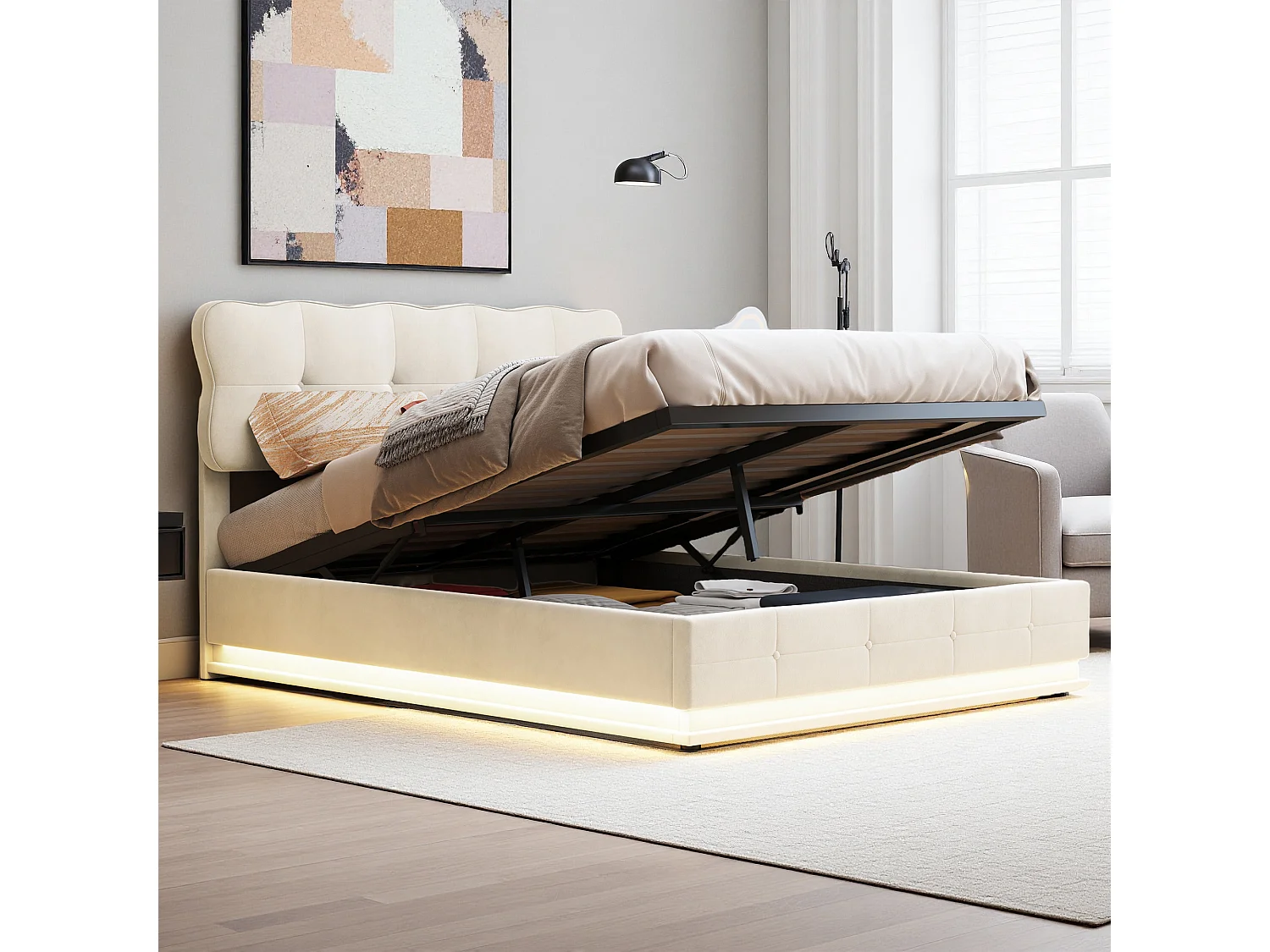 Lit coffre 140x190 cm, LED réglable, hydraulique, contemporain, cadre de lit 140x190 cm, velours, beige