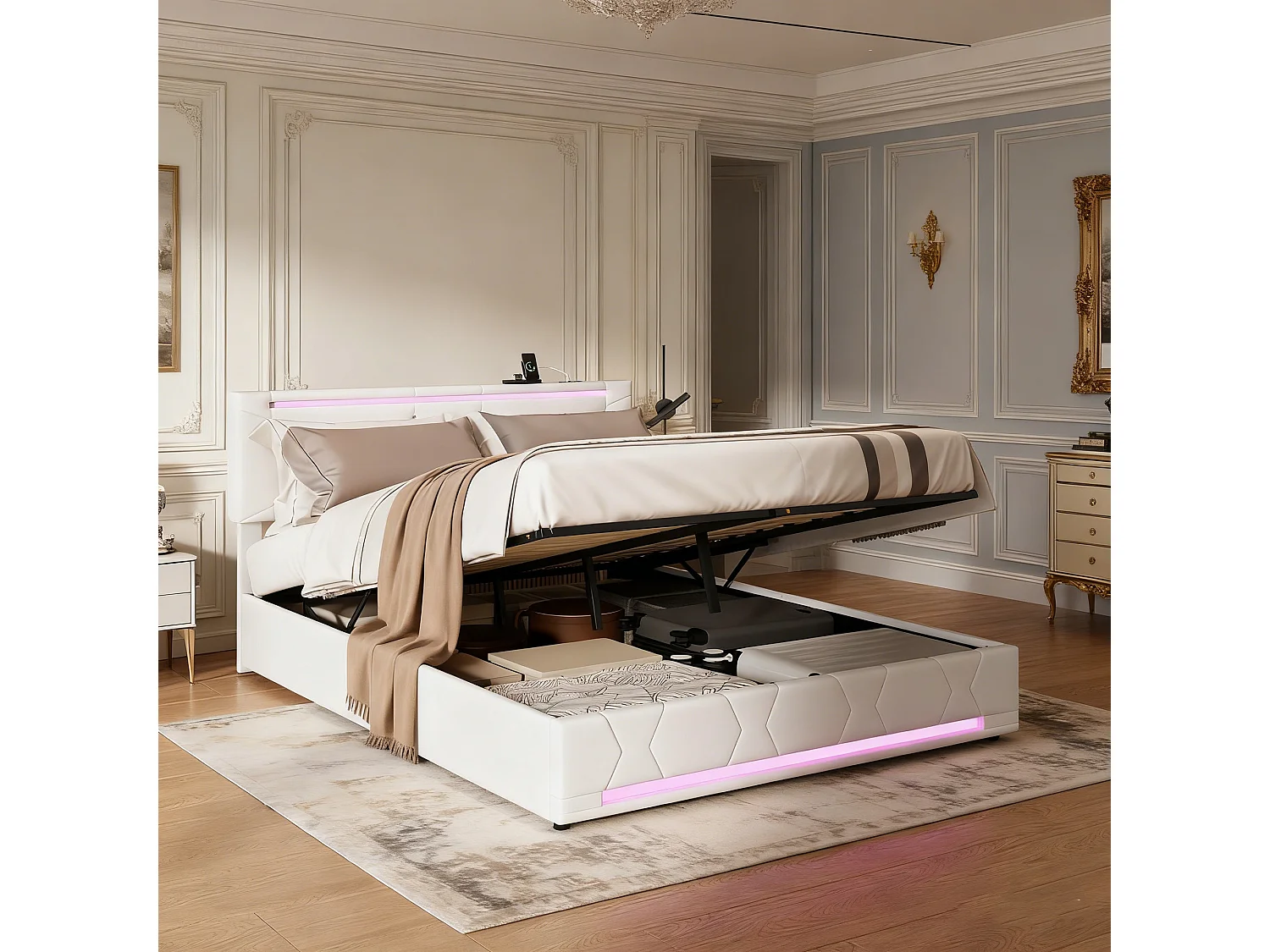 Lit 140x190 - lit adulte 140x190 - cadre de lit coffre 140x190 cm - sommier à lattes - USB et LED  - tissu en lin - beige