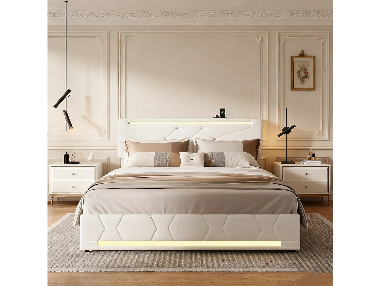 Lit 140x190 - lit adulte 140x190 - cadre de lit coffre 140x190 cm - sommier à lattes - USB et LED  - tissu en lin - beige