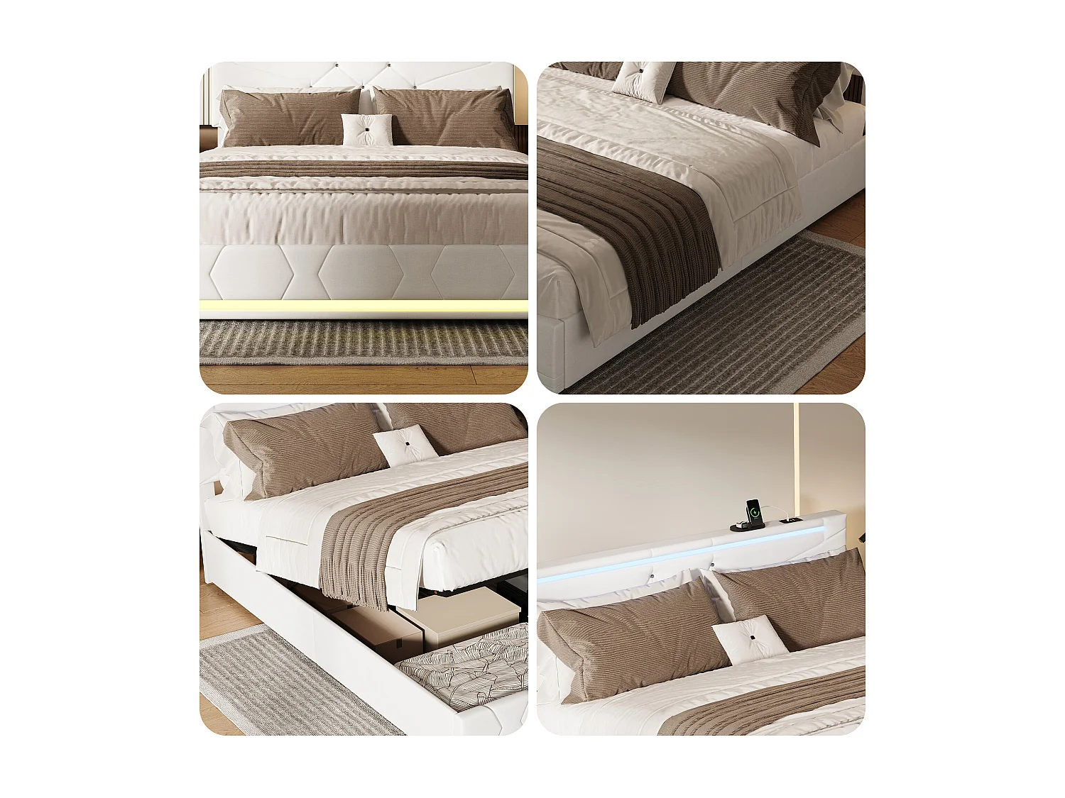 Lit 140x190 - lit adulte 140x190 - cadre de lit coffre 140x190 cm - sommier à lattes - USB et LED  - tissu en lin - beige