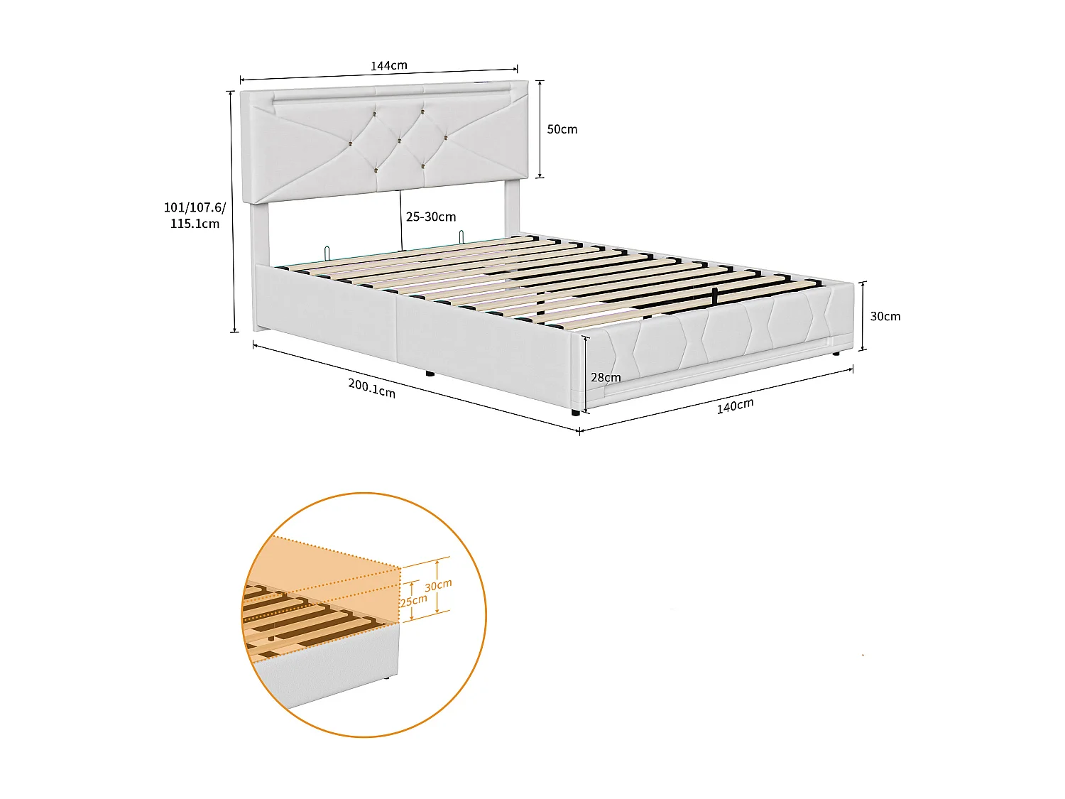 Lit 140x190 - lit adulte 140x190 - cadre de lit coffre 140x190 cm - sommier à lattes - USB et LED  - tissu en lin - beige