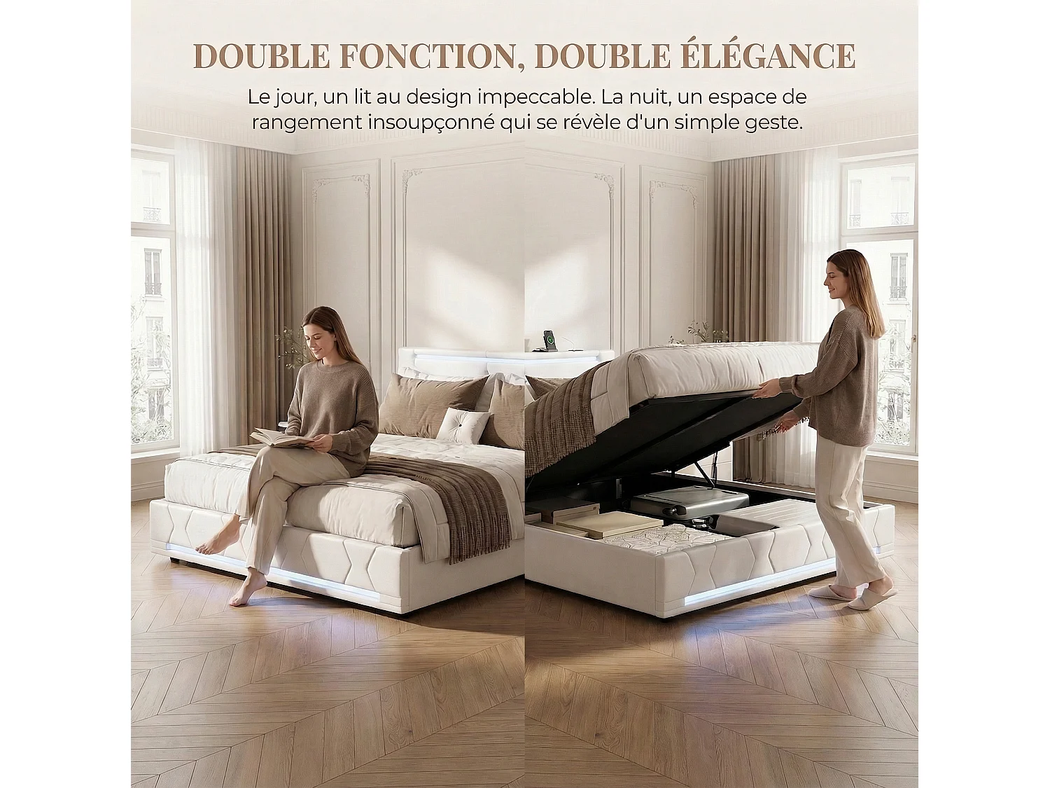 Lit coffre 140x190 cm en tissu lin beige - Lit double adulte avec sommier à lattes, éclairage LED intégré et port USB