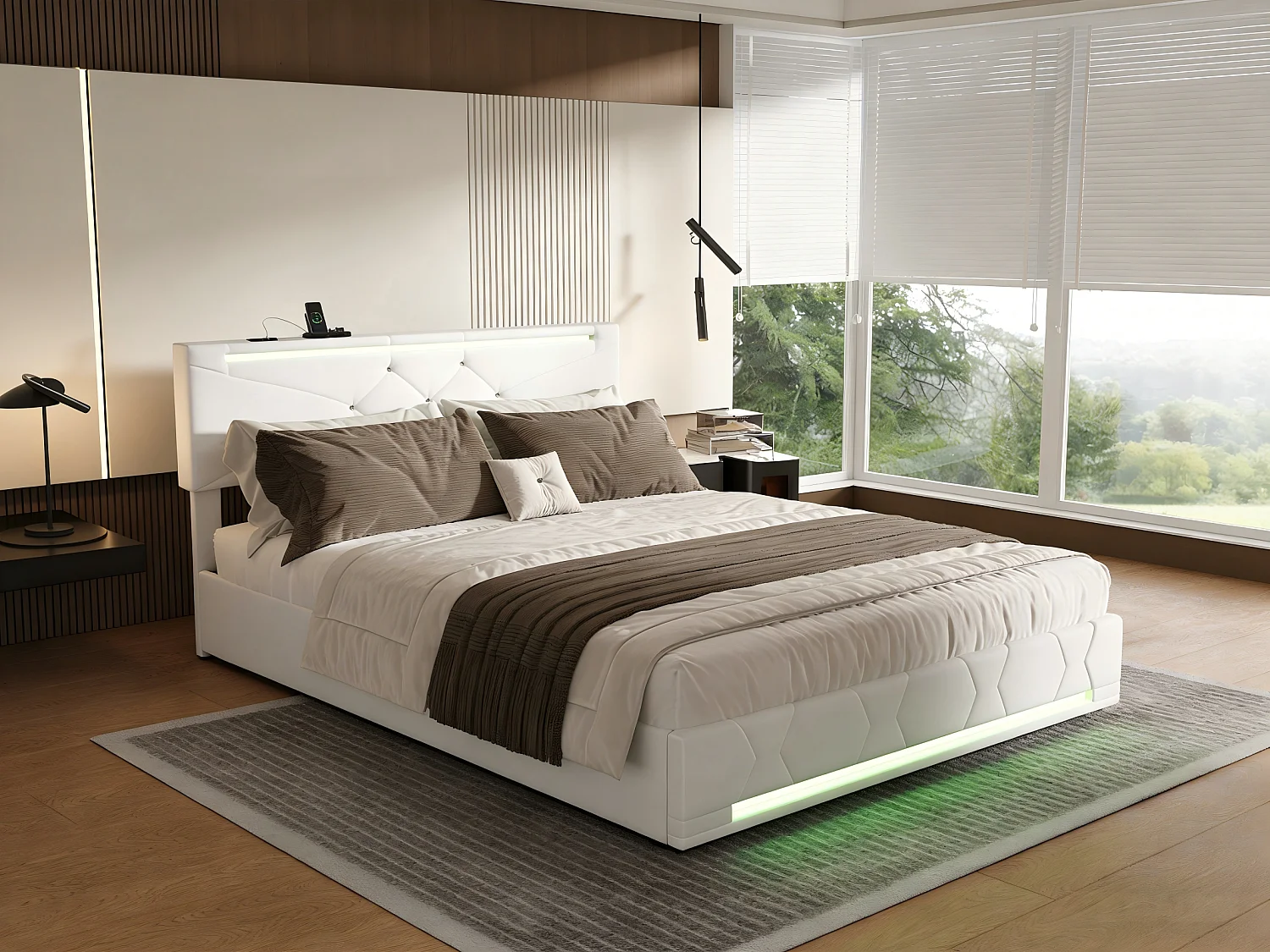 Lit coffre 140 x 190 cm en tissu beige, vérins à gaz, LED tête et pied, port USB, prise EU, sommier à lattes
