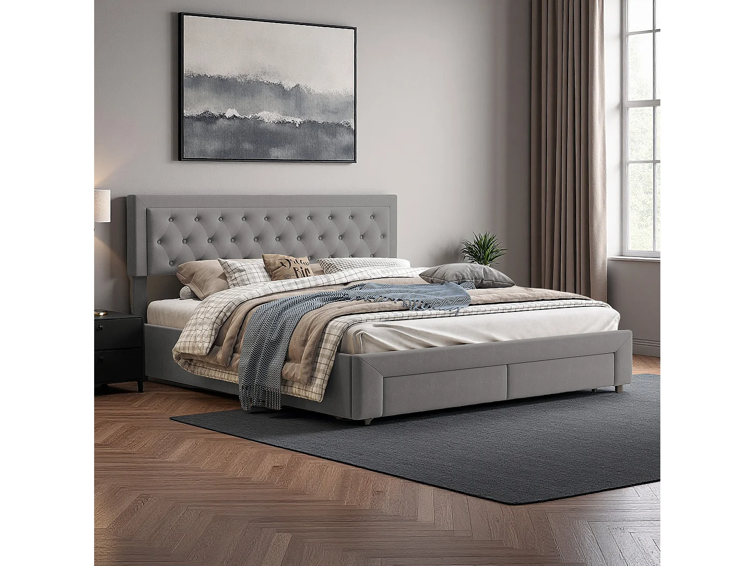 Lit coffre 160x200 cm, avec 2 tiroirs, scandinave, lit adulte, cadre de lit 160x200 cm, Velours, gris