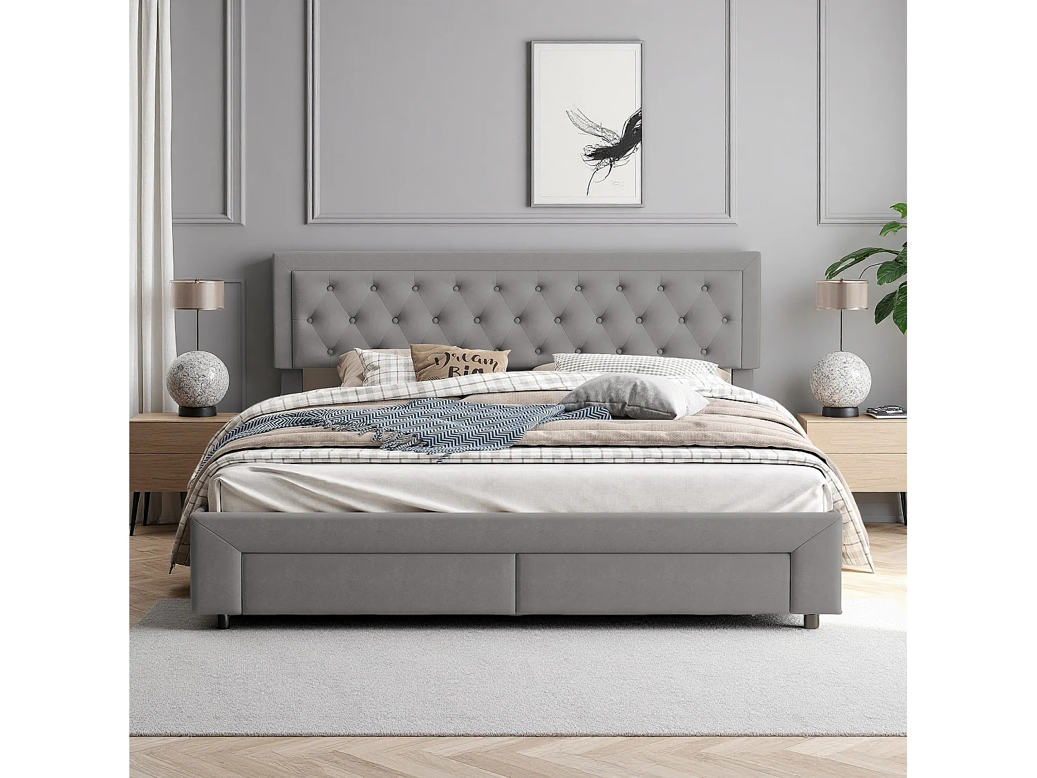 Lit coffre 160x200 cm, avec 2 tiroirs, scandinave, lit adulte, cadre de lit 160x200 cm, Velours, gris