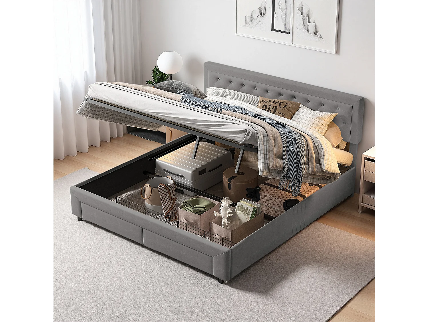 Lit coffre 160x200 cm, avec 2 tiroirs, scandinave, lit adulte, cadre de lit 160x200 cm, Velours, gris