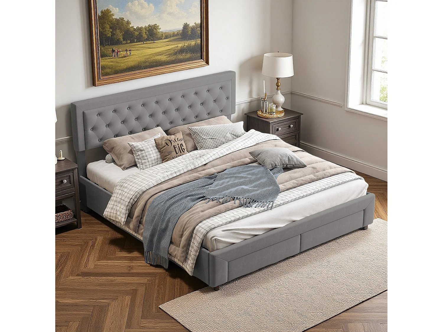 Lit coffre 160x200 cm, avec 2 tiroirs, scandinave, lit adulte, cadre de lit 160x200 cm, Velours, gris