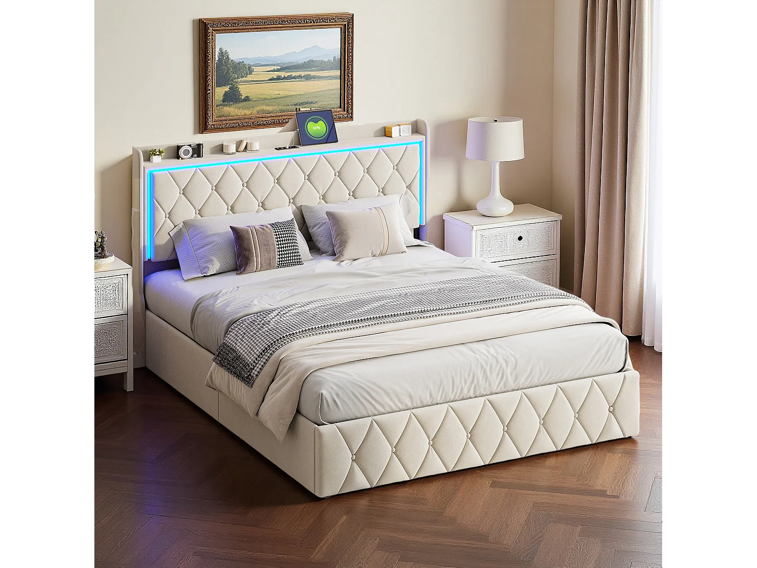 Lit coffre 140x190 cm, ED réglable, USB, hydraulique, moderne, cadre de lit 140x190 cm, velours, beige