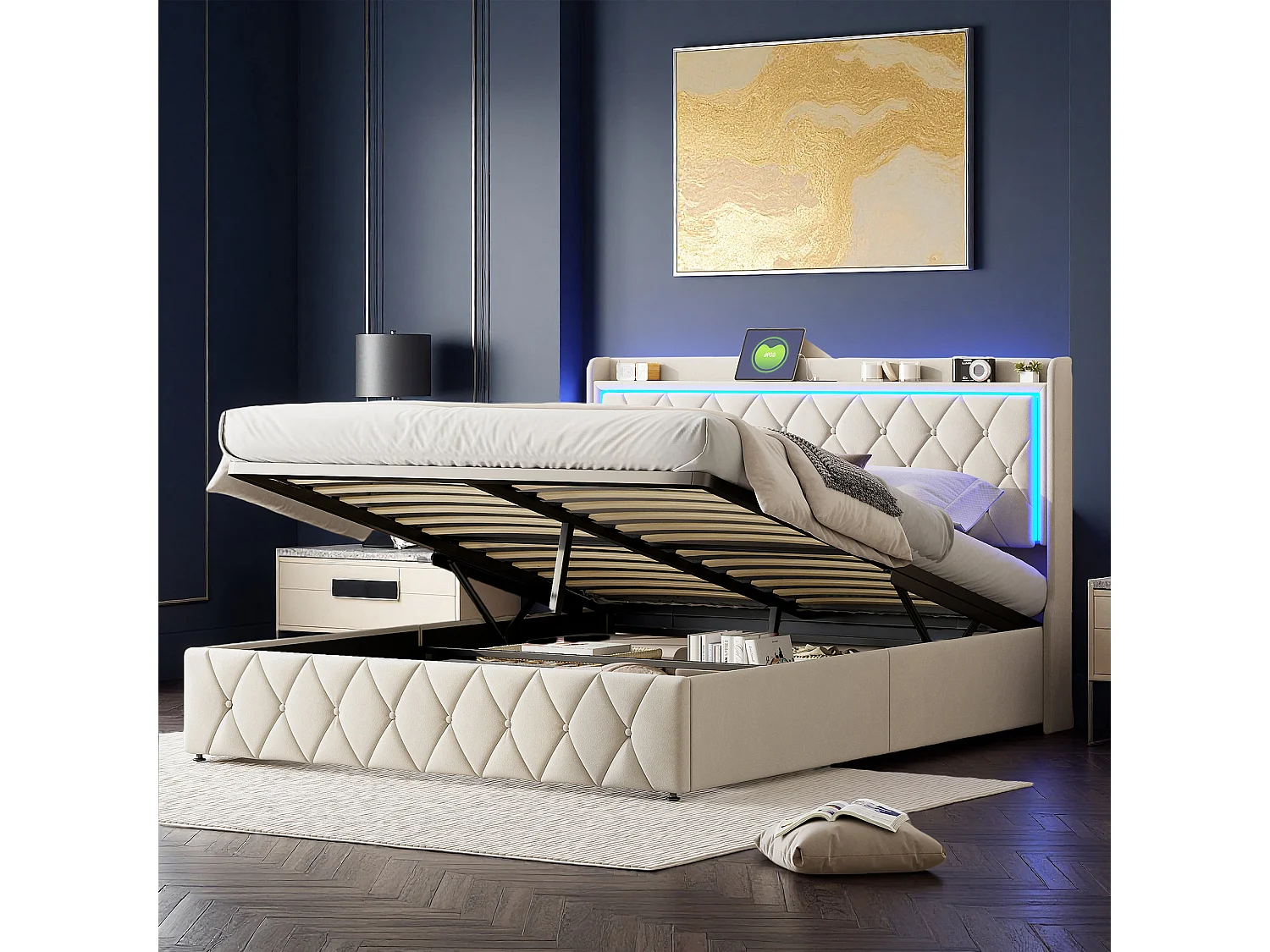 Lit coffre 140x190 cm, ED réglable, USB, hydraulique, moderne, cadre de lit 140x190 cm, velours, beige