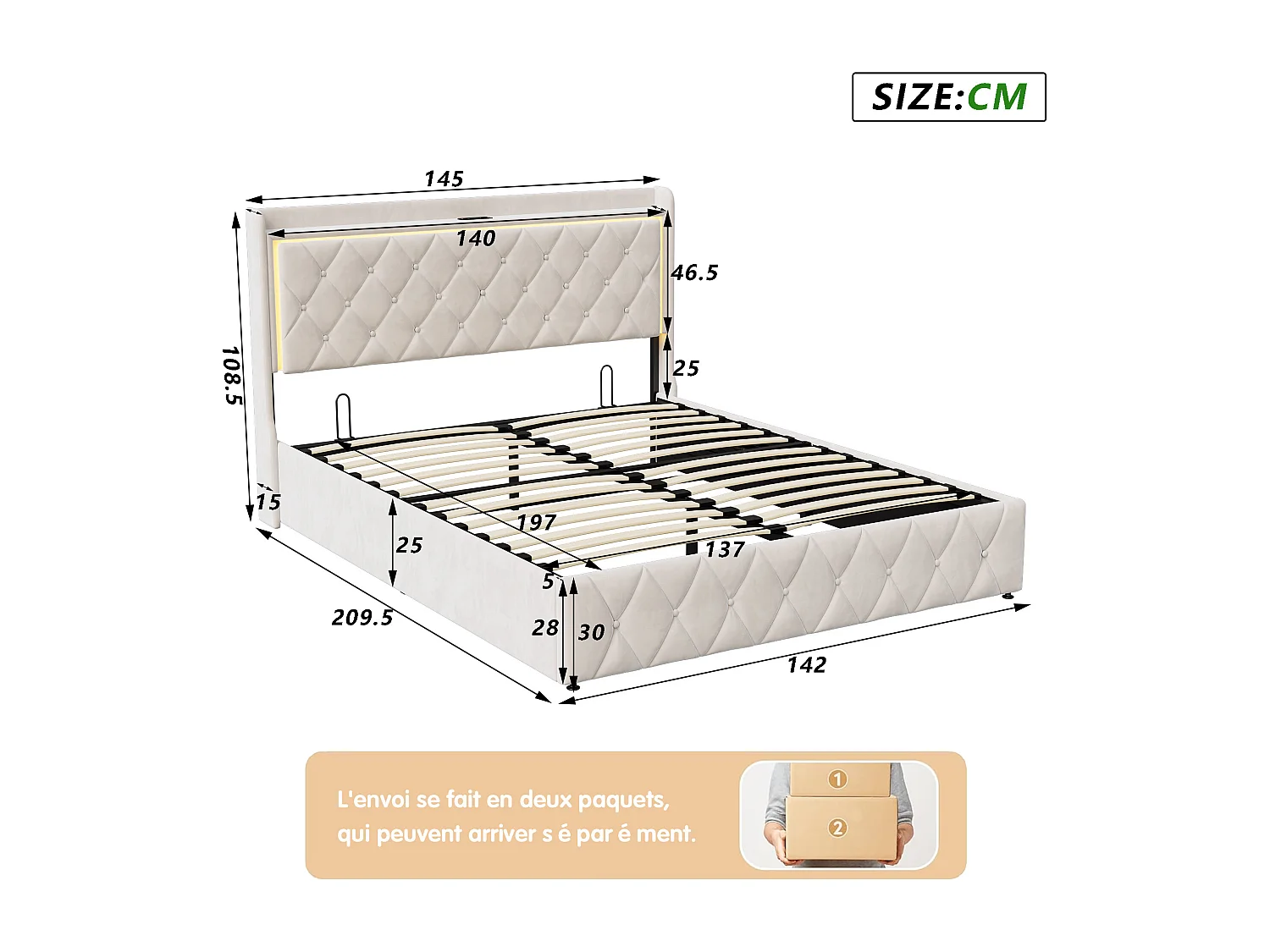 Lit coffre 140x190 cm, ED réglable, USB, hydraulique, moderne, cadre de lit 140x190 cm, velours, beige