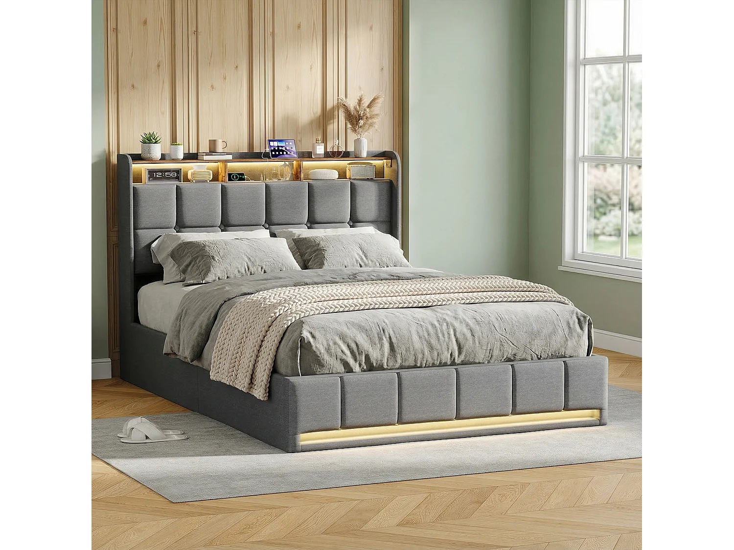 Bedframe - Opbergbed - 140x190 cm - Opklapbare lattenbodem - met USB en LED - Grijs