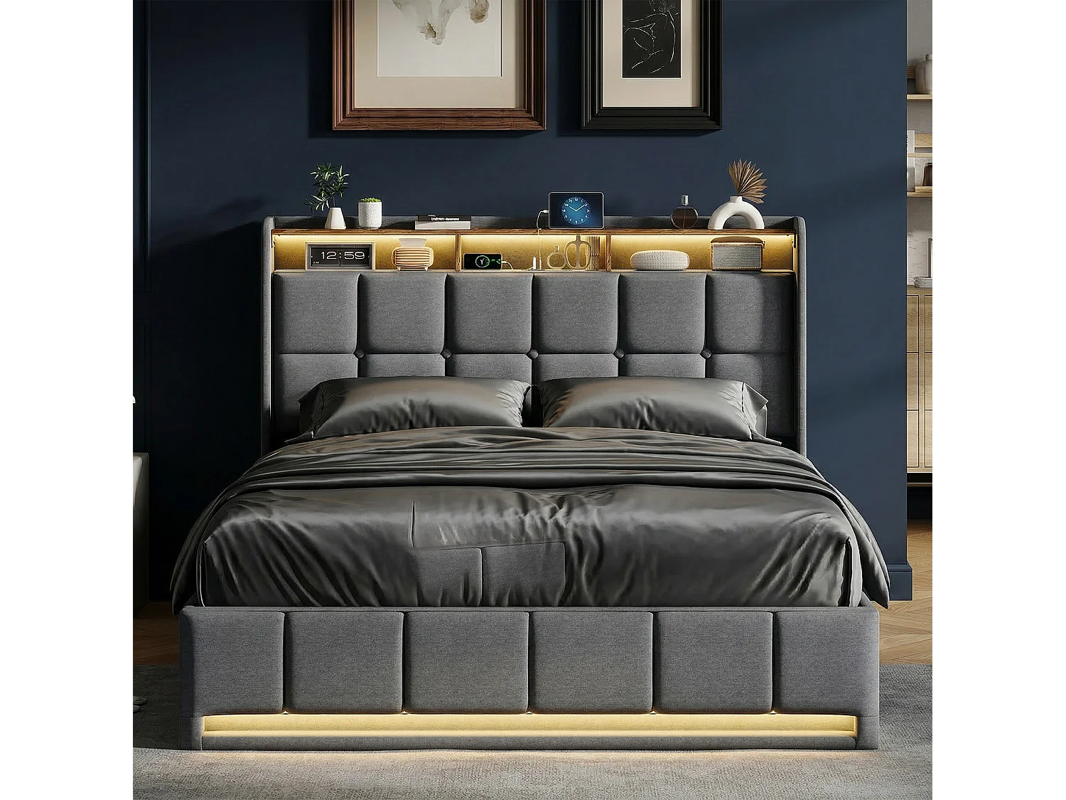 Bedframe - Opbergbed - 140x190 cm - Opklapbare lattenbodem - met USB en LED - Grijs