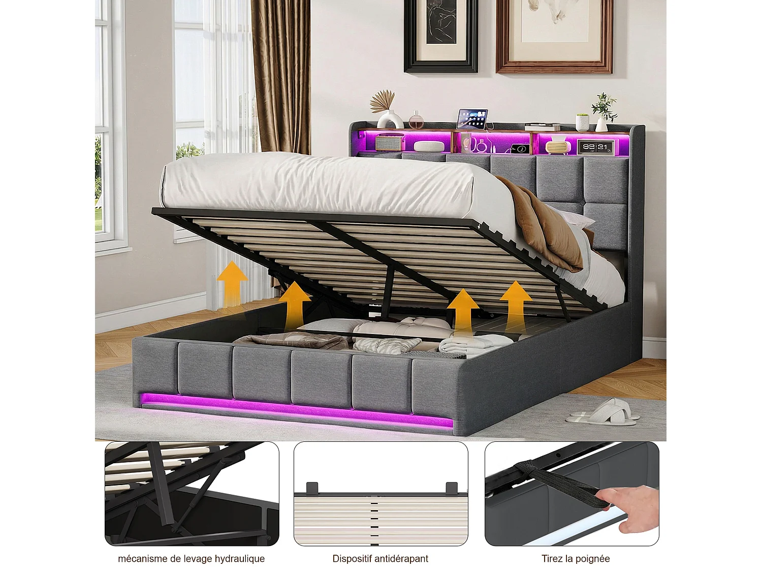 Bedframe - Opbergbed - 140x190 cm - Opklapbare lattenbodem - met USB en LED - Grijs