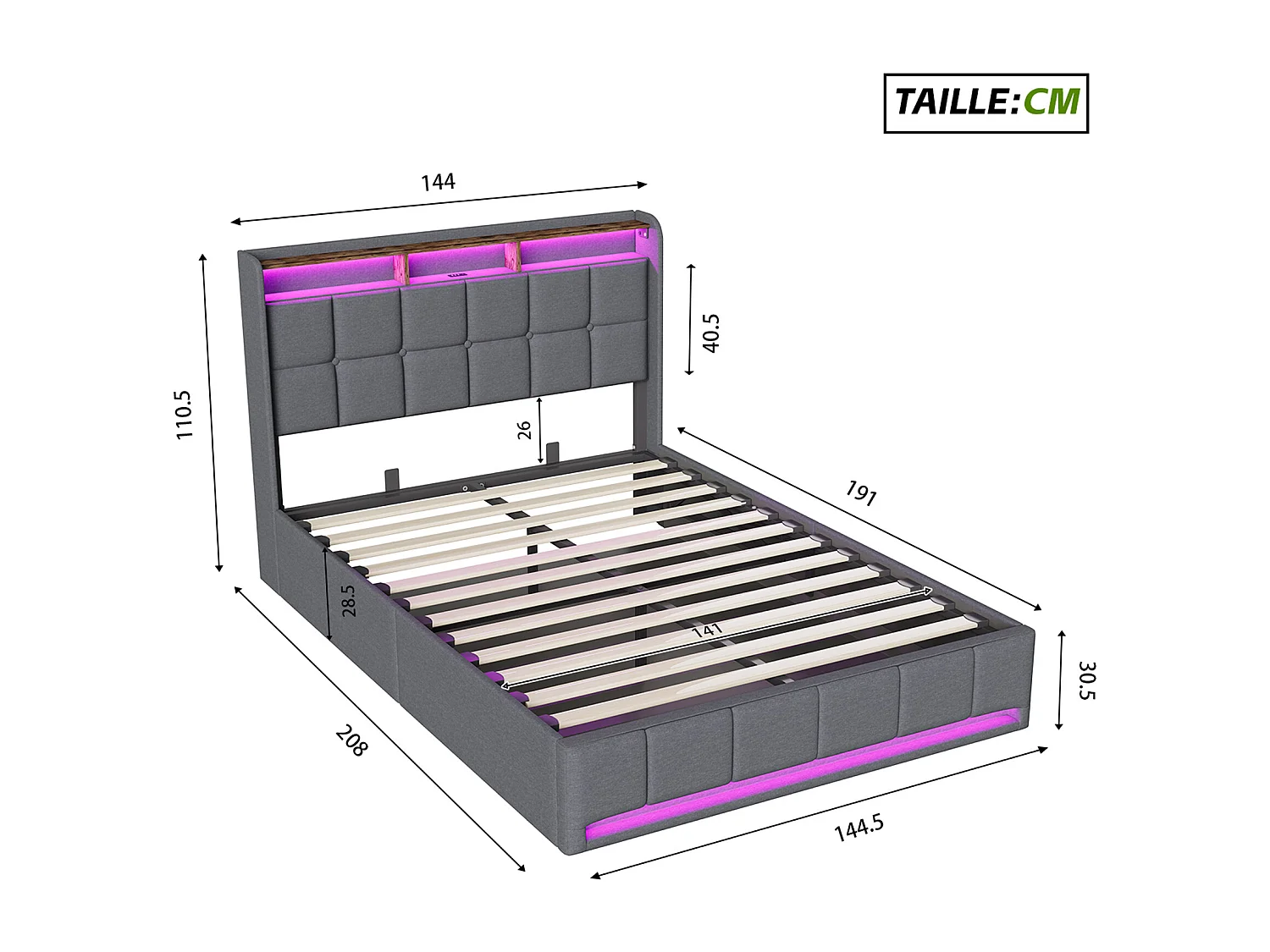 Bedframe - Opbergbed - 140x190 cm - Opklapbare lattenbodem - met USB en LED - Grijs