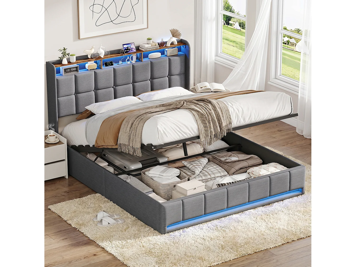 Bedframe - Opbergbed - 140x190 cm - Opklapbare lattenbodem - met USB en LED - Grijs