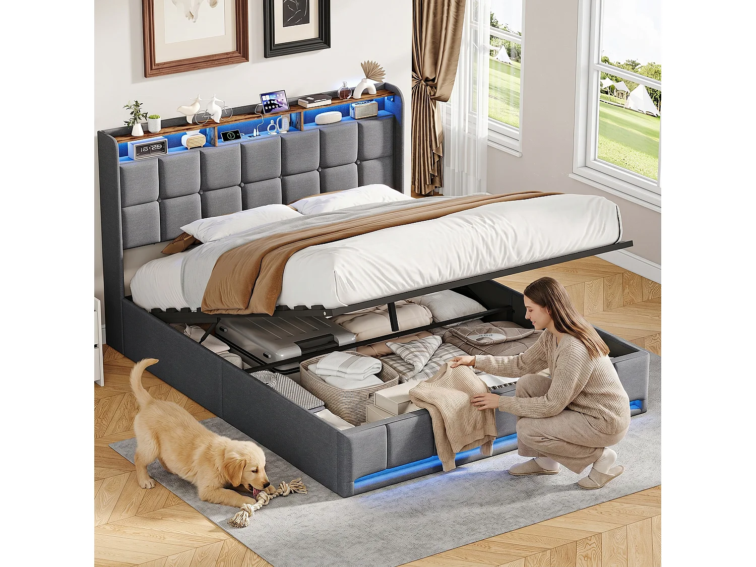Bedframe - Opbergbed - 140x190 cm - Opklapbare lattenbodem - met USB en LED - Grijs