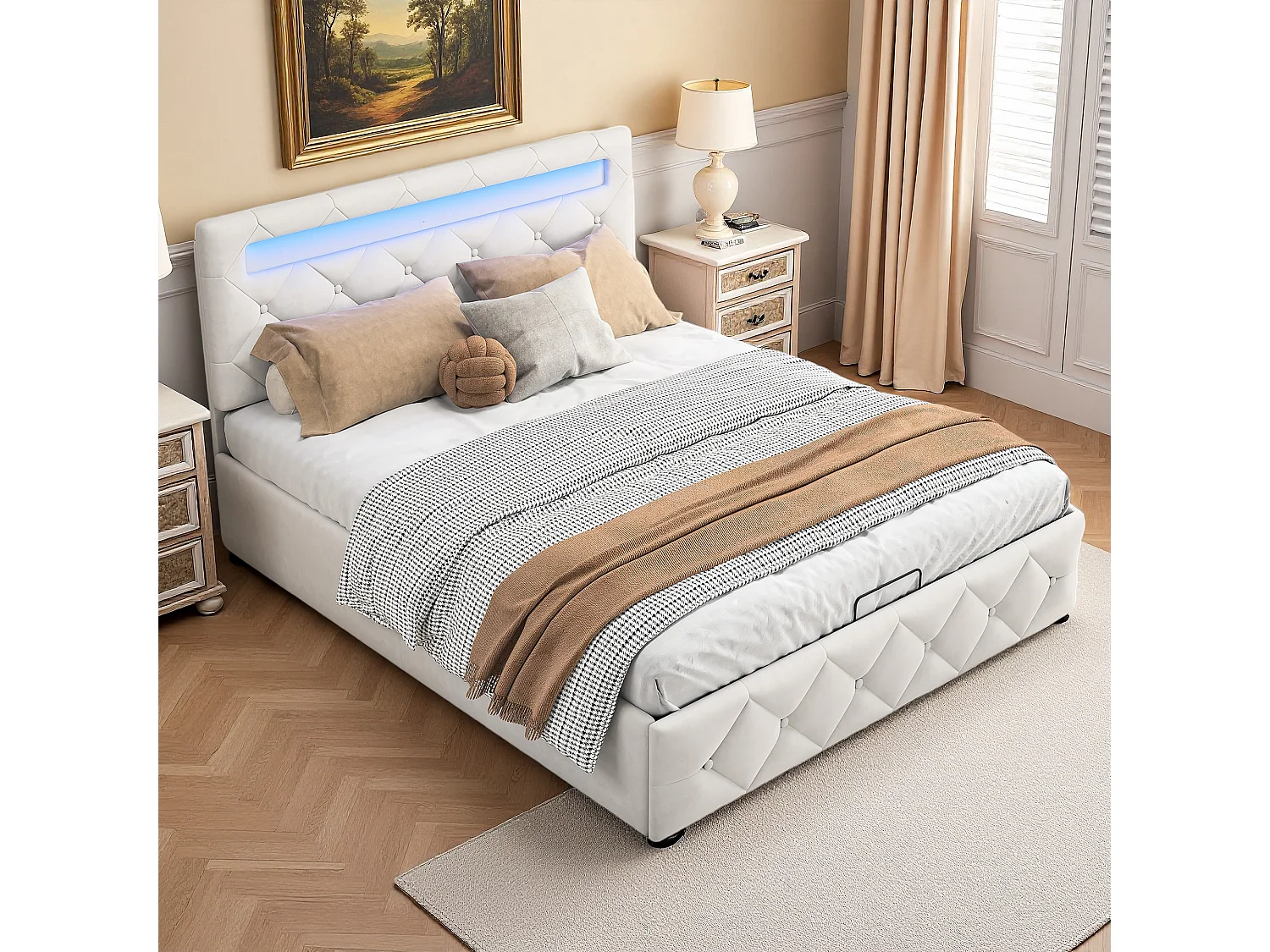 Lit coffre 160x200 cm - LED réglable - Hydraulique - Contemporain - lit double - Cadre de lit adulte 160x200 cm - Velours - Abricot