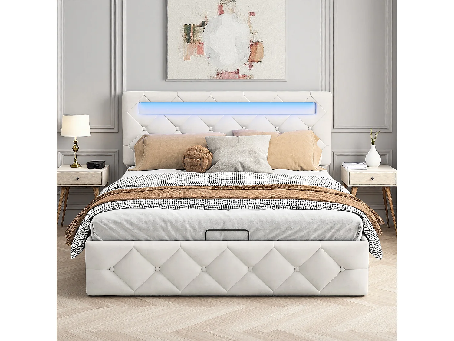 Lit coffre 160x200 cm - LED réglable - Hydraulique - Contemporain - lit double - Cadre de lit adulte 160x200 cm - Velours - Abricot