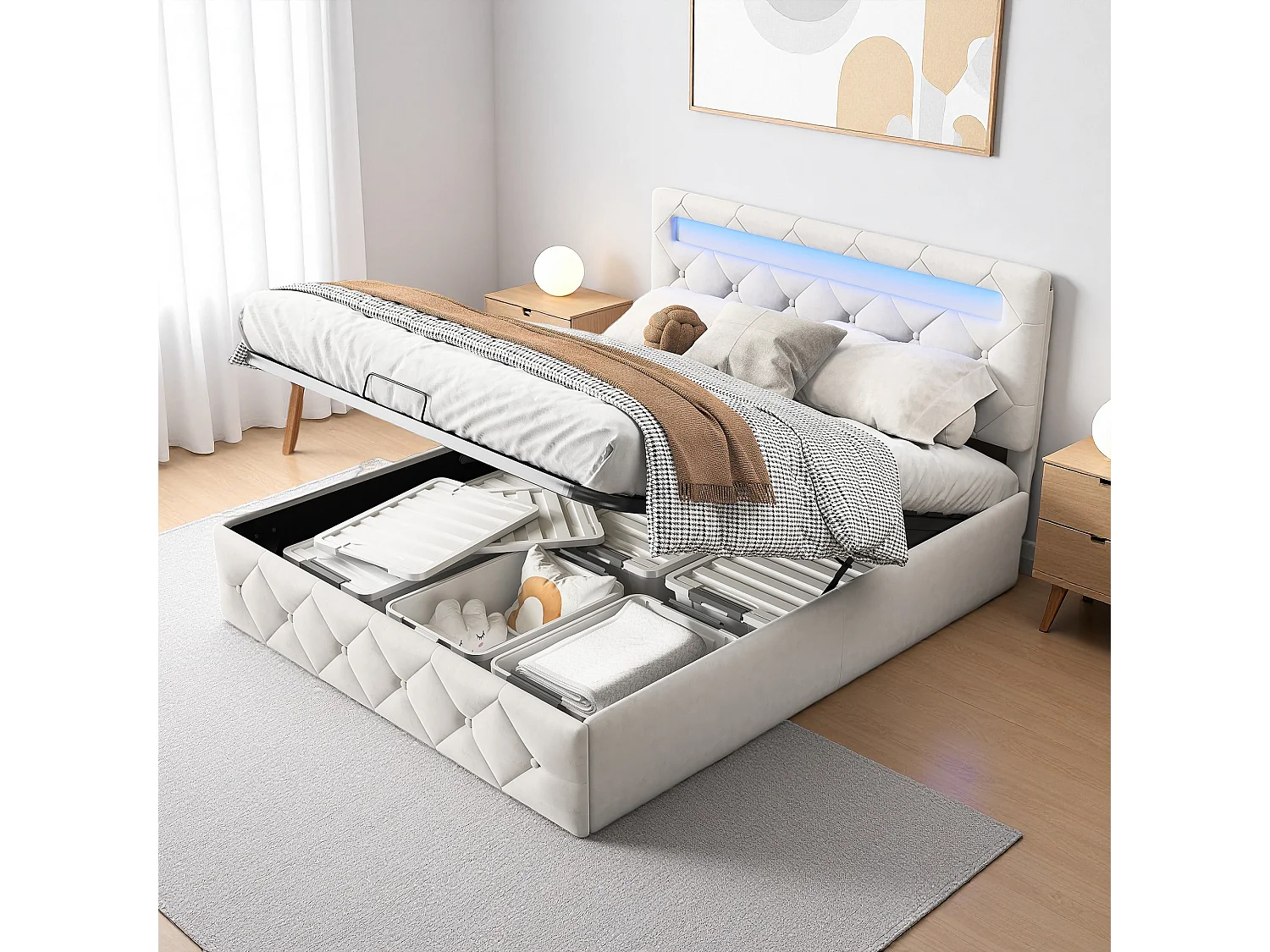 Lit coffre 160x200 cm - LED réglable - Hydraulique - Contemporain - lit double - Cadre de lit adulte 160x200 cm - Velours - Abricot