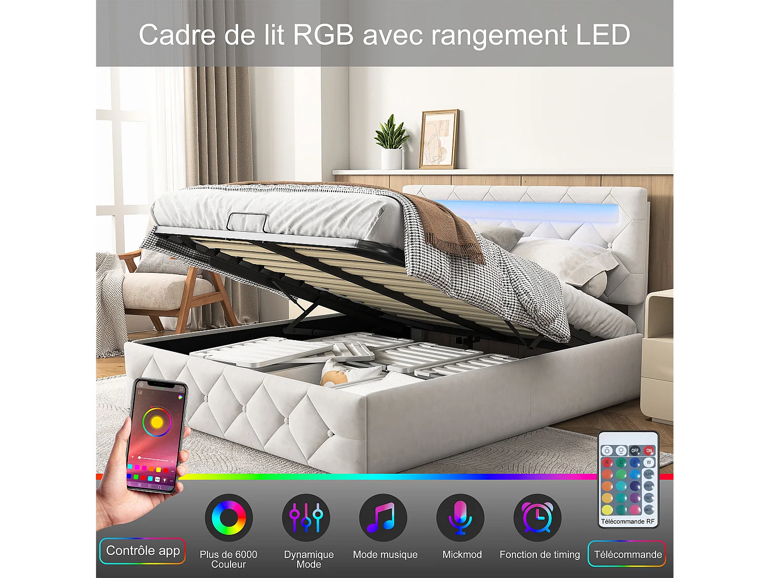 Lit coffre 160x200 cm - LED réglable - Hydraulique - Contemporain - lit double - Cadre de lit adulte 160x200 cm - Velours - Abricot