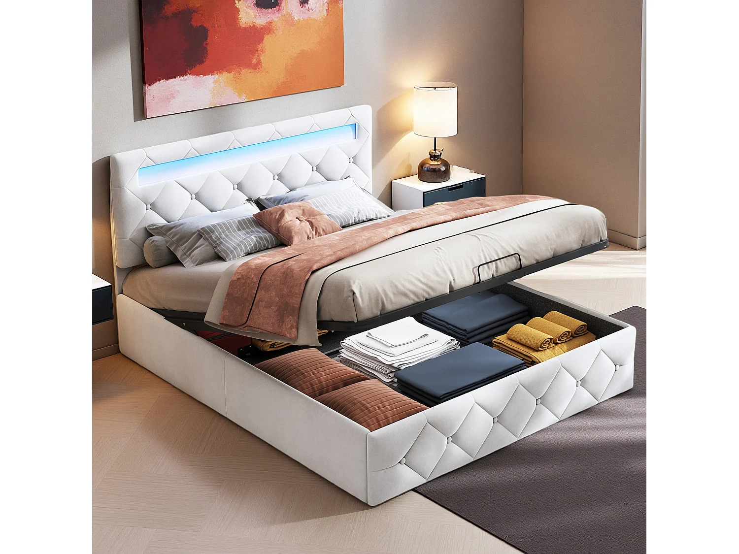 Lit coffre 160x200 cm - LED réglable - Hydraulique - Contemporain - lit double - Cadre de lit adulte 160x200 cm - Velours - Abricot