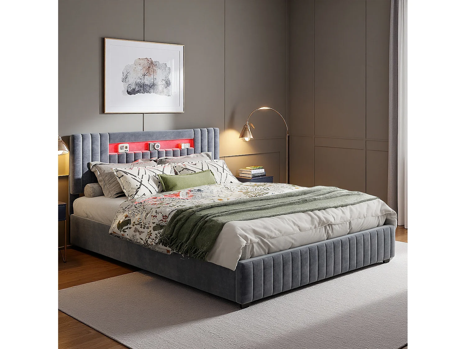 Lit coffre 140x190 cm, ED réglable, hydraulique, moderne, cadre de lit 140x190 cm, velours, gris