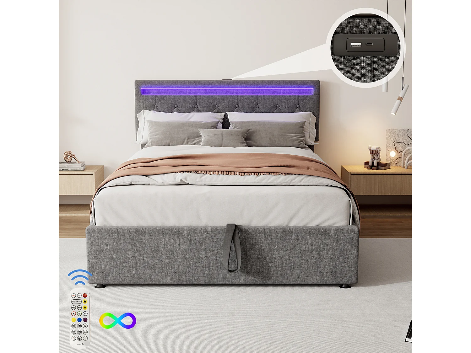 Gestoffeerd bed 140x190 cm met ledverlichting en usb-aansluiting, tweepersoonsbed met opbergruimte onder het bed, opbergbed, 2-persoonsbed in grijs linnen