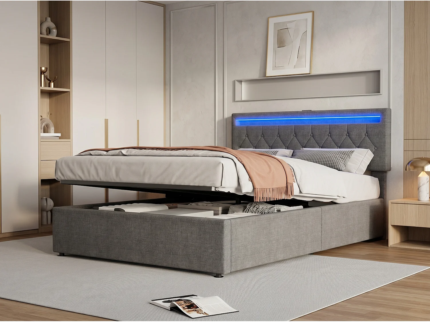 Lit Capitonne 140x190 cm avec LED et USB, Lit Double à Rangement Sous Lit, Lit Coffre, Lit 2 Personnes en Lin Gris
