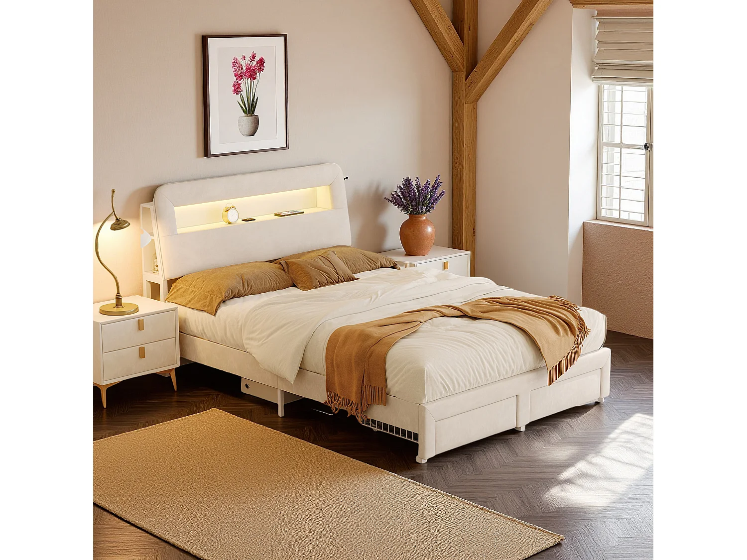 Lit coffre 140x200 cm, USB et Type-C, LED réglable, 2 tiroirs, moderne, lit double, cadre de lit 140x200 cm, Velours, beige