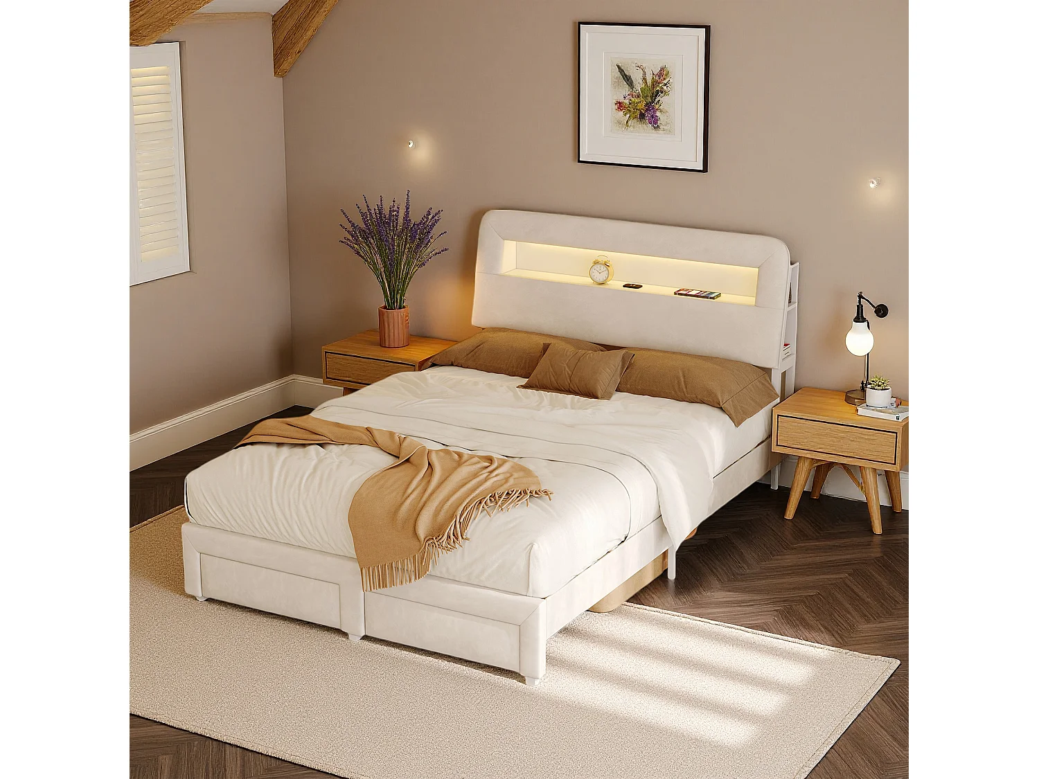 Lit coffre 140x200 cm, USB et Type-C, LED réglable, 2 tiroirs, moderne, lit double, cadre de lit 140x200 cm, Velours, beige
