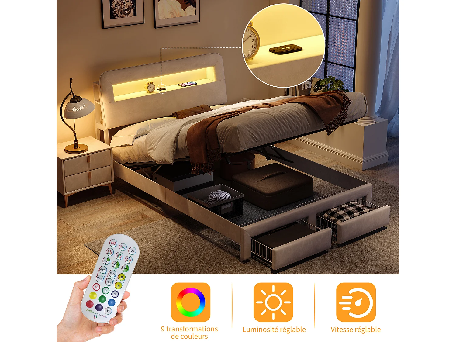 Lit coffre 140x200 cm, USB et Type-C, LED réglable, 2 tiroirs, moderne, lit double, cadre de lit 140x200 cm, Velours, beige
