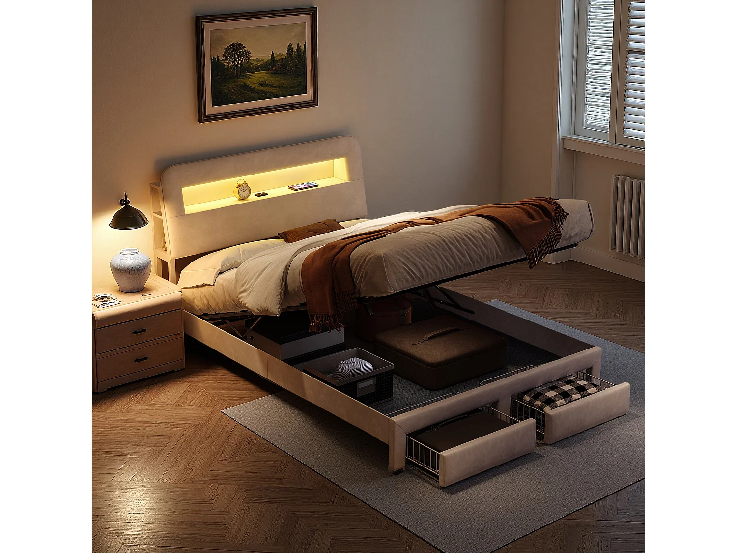 Lit coffre 140x200 cm, USB et Type-C, LED réglable, 2 tiroirs, moderne, lit double, cadre de lit 140x200 cm, Velours, beige