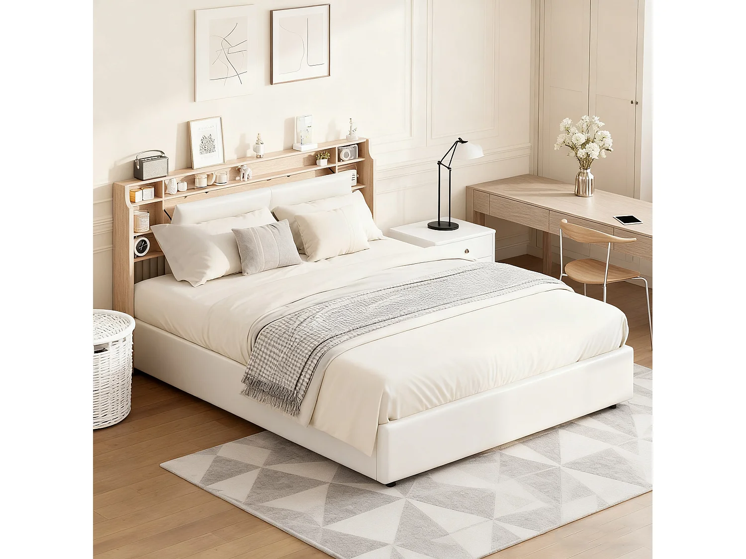 Lit 140x190 cm - NEXU - avec LED - Lit Coffre 140x190 cm avec Rangement et Tete de Lit - 2 Personnes - Blanc