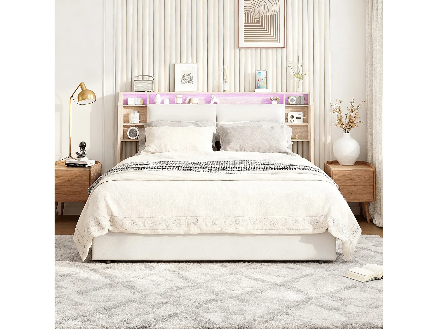 Lit 140x190 cm - NEXU - avec LED - Lit Coffre 140x190 cm avec Rangement et Tete de Lit - 2 Personnes - Blanc