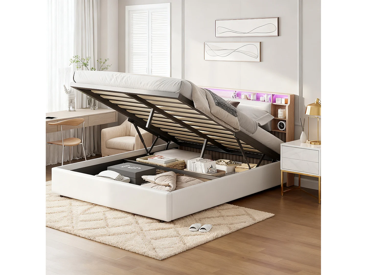 Lit 140x190 cm - NEXU - avec LED - Lit Coffre 140x190 cm avec Rangement et Tete de Lit - 2 Personnes - Blanc