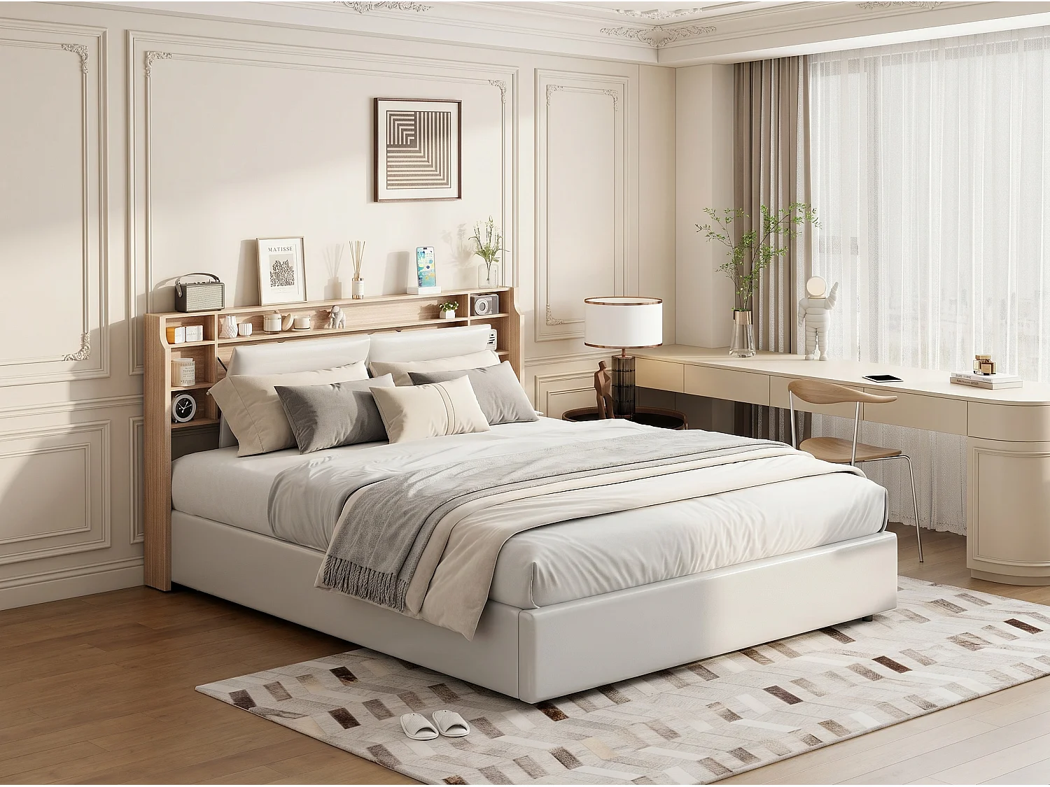 Lit coffre NEXU 140x190 cm blanc - Lit double adulte avec tête de lit, éclairage LED intégré et grand espace de rangement