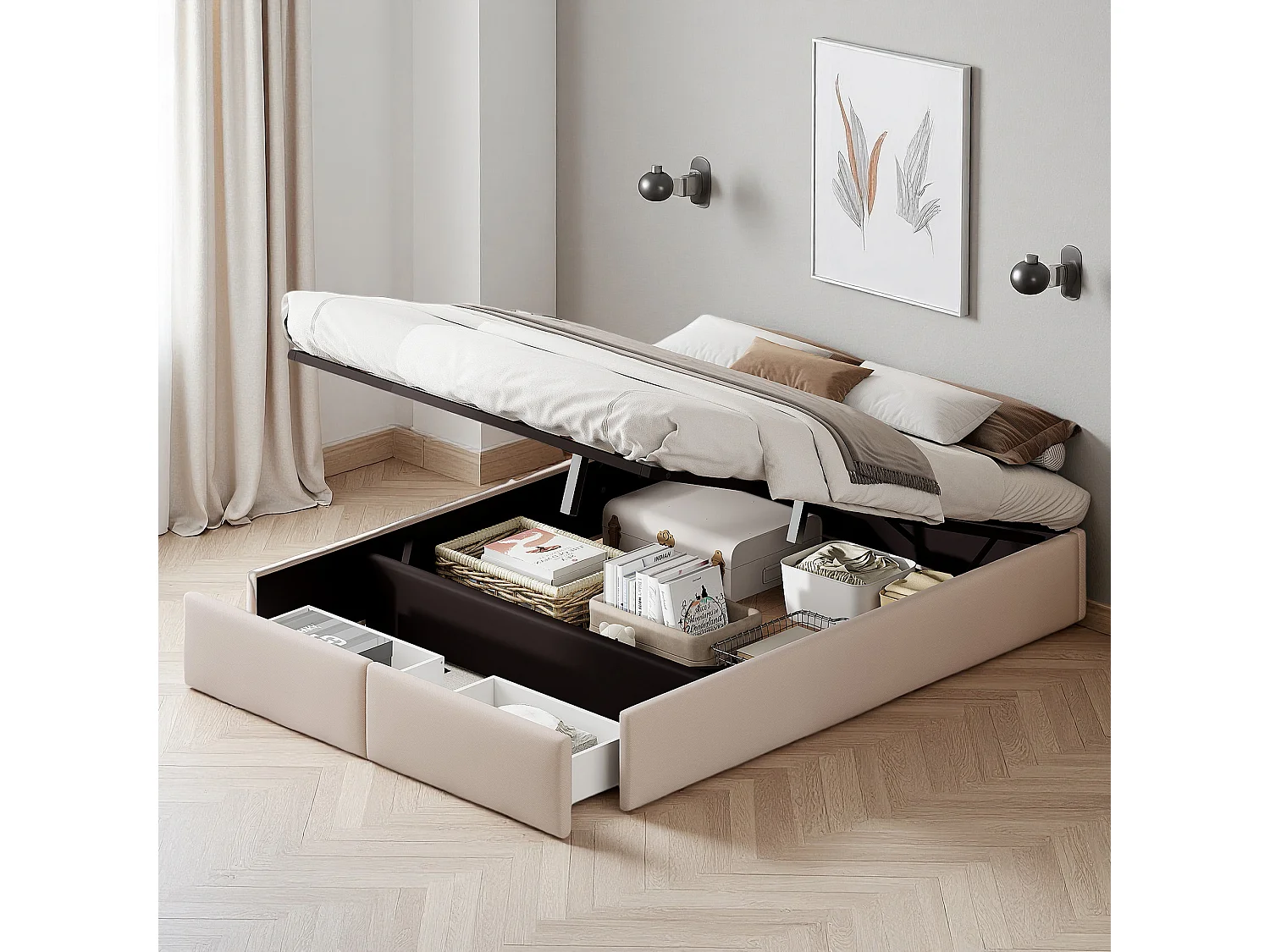 Lit coffre 140x190 cm - NEXU - hydraulique - Simplicité moderne - cadre de lit 140x190 cm - matériau lin - Beige